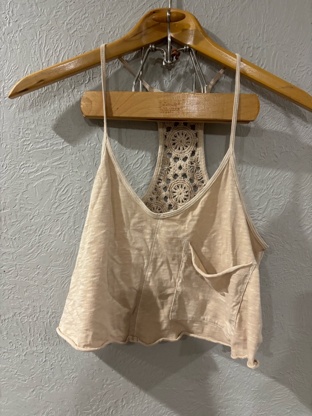 Aerie Summer House Crochet Back Beige Cropped Racerback Tank Top size XS